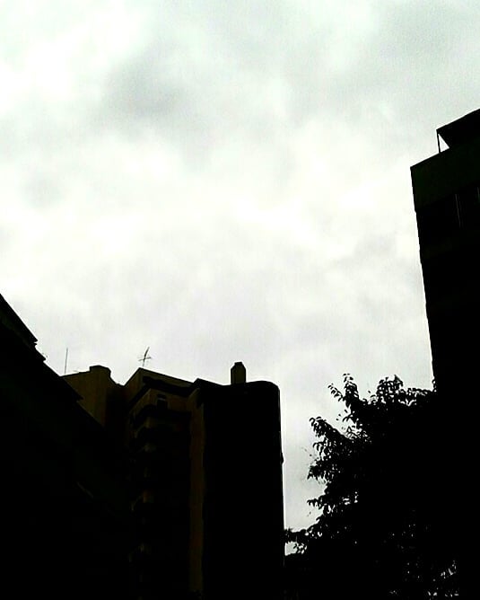 prédios com uma árvore e céu nublado